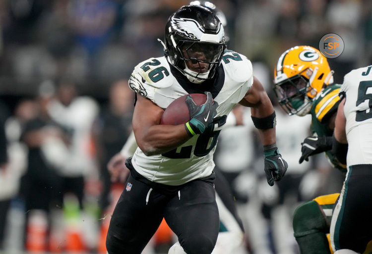 Sep 6, 2024; Sao Paulo, BRA; Philadelphia Eagles running back Saquon Barkley (26) runs during the first half against the Green Bay Packers at Neo Quimica Arena. Credit: Kirby Lee-Imagn Images