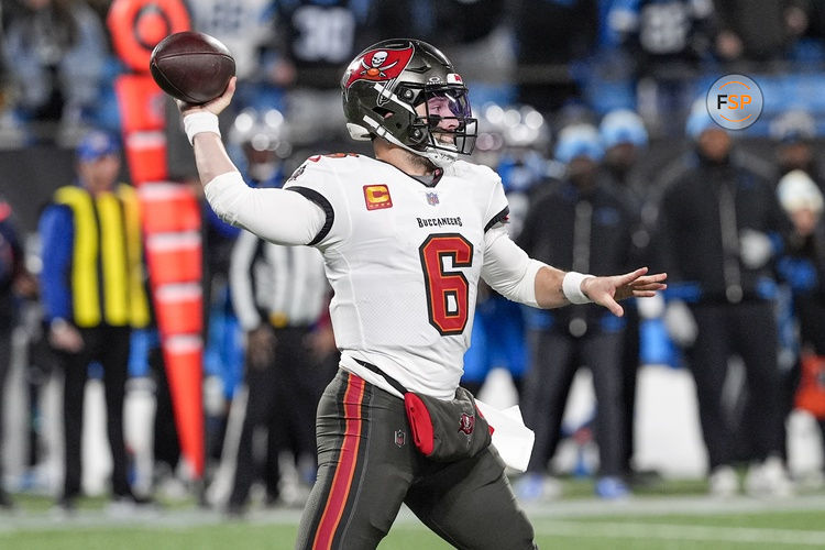 Dec 1, 2024; Charlotte, North Carolina, USA; Tampa Bay Buccaneers quarterback Baker Mayfield (6) throws during the second half against the Carolina Panthers at Bank of America Stadium. Credit: Jim Dedmon-Imagn Images