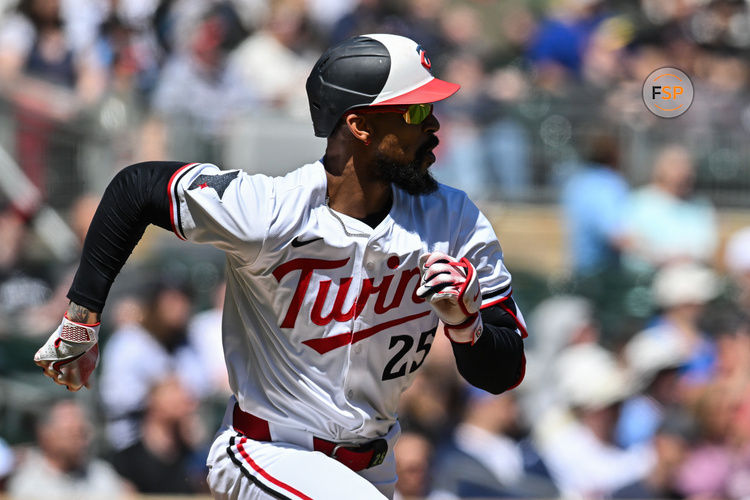 Apr 26, 2025; Minneapolis, Minnesota, USA; Minnesota Twins outfielder Byron Buxton (25) runs to first base after a single during the first inning off Los Angeles Angels pitcher Yusei Kikuchi (not pictured) at Target Field. Credit: Jeffrey Becker-Imagn Images