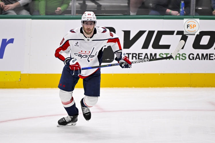 Oct 28, 2025; Dallas, Texas, USA; Washington Capitals left wing Pierre-Luc Dubois (80) skates against the Dallas Stars during the game between the Stars and the Capitals at the American Airlines Center. Credit: Jerome Miron-Imagn Images