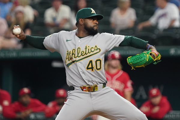 Apr 24, 2026; Arlington, Texas, USA;  Athletics pitcher Luis Severino (40) throws to the plate against the Texas Rangers during the first inning at Globe Life Field. Mandatory Credit: Raymond Carlin III-Imagn Images