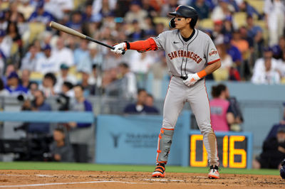 Jun 14, 2025; Los Angeles, California, USA; San Francisco Giants outfielder Jung Hoo Lee (51) bats in the third inning against the Los Angeles Dodgers at Dodger Stadium. Mandatory Credit: Ryan Sun-Imagn Images