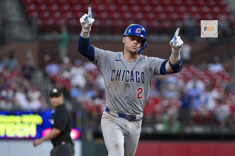 Jun 24, 2025; St. Louis, Missouri, USA;  Chicago Cubs second baseman Nico Hoerner (2) reacts after hitting a two run home run against the St. Louis Cardinals during the sixth inning at Busch Stadium. Credit: Jeff Curry-Imagn Images