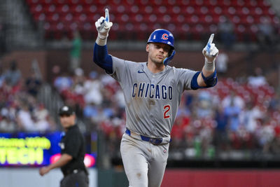 Jun 24, 2025; St. Louis, Missouri, USA;  Chicago Cubs second baseman Nico Hoerner (2) reacts after hitting a two run home run against the St. Louis Cardinals during the sixth inning at Busch Stadium. Mandatory Credit: Jeff Curry-Imagn Images