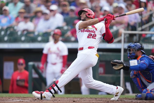 Mar 7, 2026; Jupiter, Florida, USA;  St. Louis Cardinals right fielder Joshua Baez (22) hits a home run in the second inning against the New York Mets at Roger Dean Chevrolet Stadium. Mandatory Credit: Jim Rassol-Imagn Images