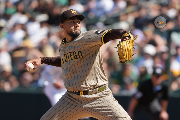 Apr 9, 2025; West Sacramento, California, USA; San Diego Padres pitcher Robert Suarez (75) throws a pitch against the Athletics during the ninth inning at Sutter Health Park. Credit: Darren Yamashita-Imagn Images