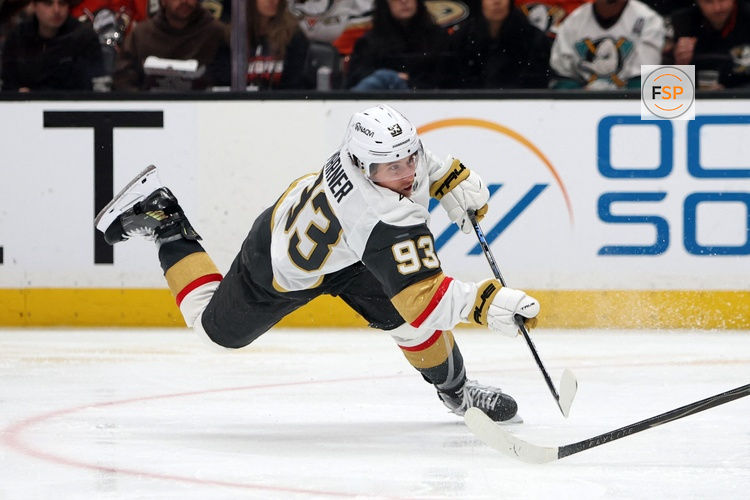 May 14, 2026; Anaheim, California, USA; Vegas Golden Knights right wing Mitch Marner (93) takes a slapshot during the third period against the Anaheim Ducks in game six of the second round of the 2026 Stanley Cup Playoffs at Honda Center. Credit: Kiyoshi Mio-Imagn Images