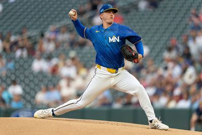 Jul 24, 2026; Minneapolis, Minnesota, USA; Minnesota Twins pitcher Zebby Matthews (52) throws a pitch during the first inning against the Athletics at Target Field. Mandatory Credit: Jordan Johnson-Imagn Images