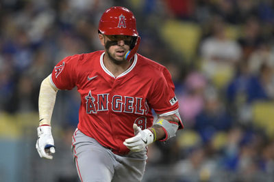 May 16, 2025; Los Angeles, California, USA; Los Angeles Angels shortstop Zach Neto (9) heads to first on a RBI double in the fourth inning against the Los Angeles Dodgers at Dodger Stadium. Mandatory Credit: Jayne Kamin-Oncea-Imagn