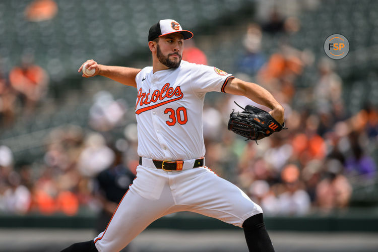 Jul 31, 2024; Baltimore, Maryland, USA; Baltimore Orioles pitcher Grayson Rodriguez (30) throws against the Toronto Blue Jays during the first inning at Oriole Park at Camden Yards. Credit: Reggie Hildred-USA TODAY Sports