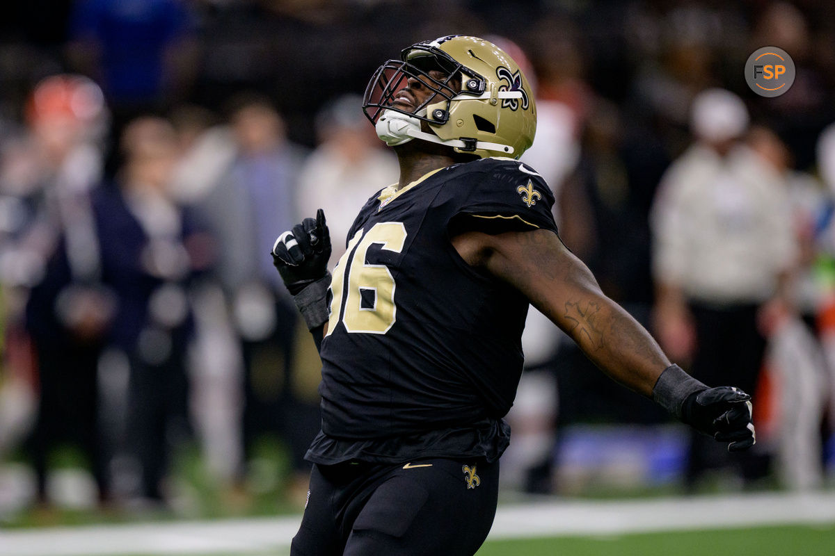 Nov 17, 2024; New Orleans, Louisiana, USA; New Orleans Saints defensive end Carl Granderson (96) celebrates a tackle for a loss against the Cleveland Browns during the first half at Caesars Superdome. Credit: Matthew Hinton-Imagn Images