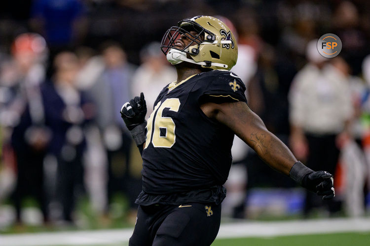 Nov 17, 2024; New Orleans, Louisiana, USA; New Orleans Saints defensive end Carl Granderson (96) celebrates a tackle for a loss against the Cleveland Browns during the first half at Caesars Superdome. Credit: Matthew Hinton-Imagn Images