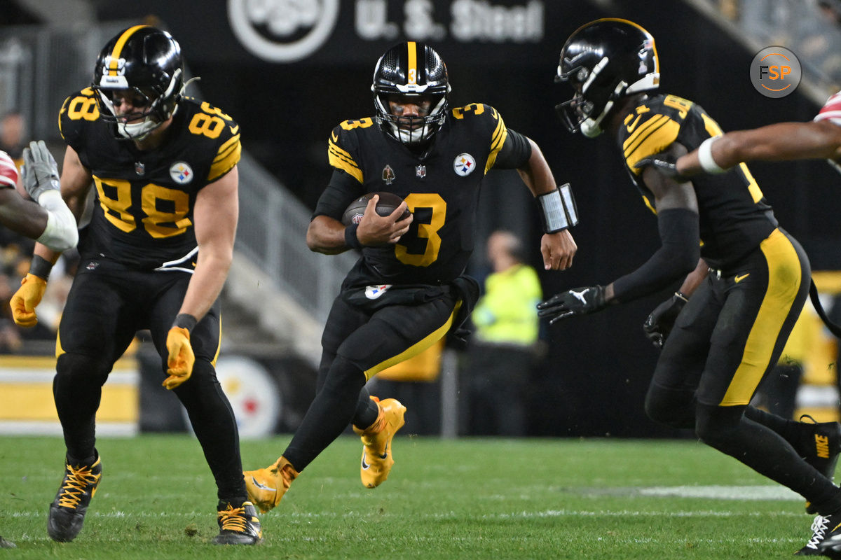 Oct 28, 2024; Pittsburgh, Pennsylvania, USA; Pittsburgh Steelers quarterback Russell Wilson (3) scrambles against  the New York Giants during the fourth quarter at Acrisure Stadium. Credit: Barry Reeger-Imagn Images