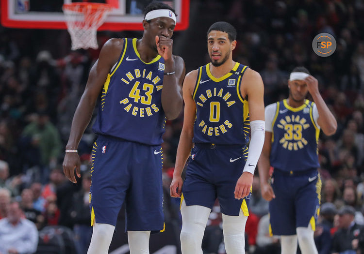 CHICAGO, IL - MARCH 27: Pascal Siakam #43 of the Indiana Pacers chats with Tyrese Haliburton #0 of the Indiana Pacers during the first half against the Chicago Bulls at the United Center on March 27, 2024 in Chicago, Illinois. (Photo by Melissa Tamez/Icon Sportswire)