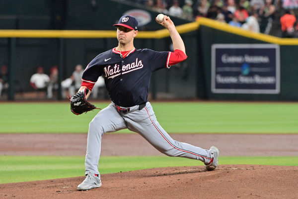 Jul 31, 2024; Phoenix, Arizona, USA;  Washington Nationals pitcher MacKenzie Gore (1) throws against the Arizona Diamondbacks in the first inning at Chase Field. Mandatory Credit: Matt Kartozian-USA TODAY Sports