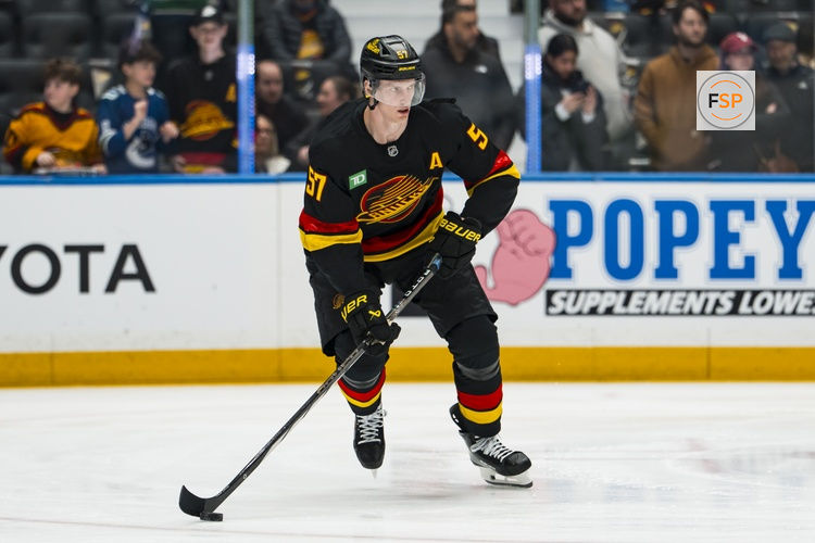 Mar 2, 2026; Vancouver, British Columbia, CAN; Vancouver Canucks defenseman Tyler Myers (57) handles the puck in warm up prior to a game against the Dallas Stars at Rogers Arena. Credit: Bob Frid-Imagn Images