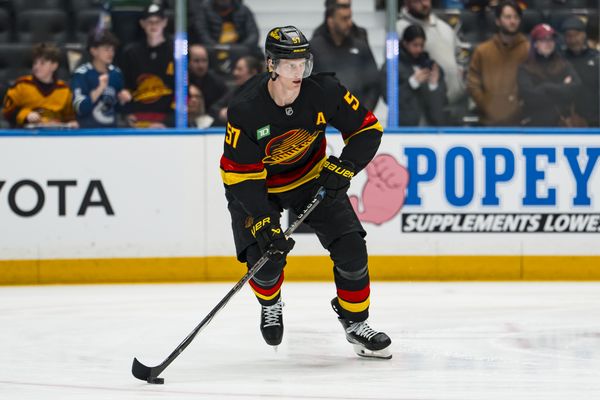 Mar 2, 2026; Vancouver, British Columbia, CAN; Vancouver Canucks defenseman Tyler Myers (57) handles the puck in warm up prior to a game against the Dallas Stars at Rogers Arena. Mandatory Credit: Bob Frid-Imagn Images