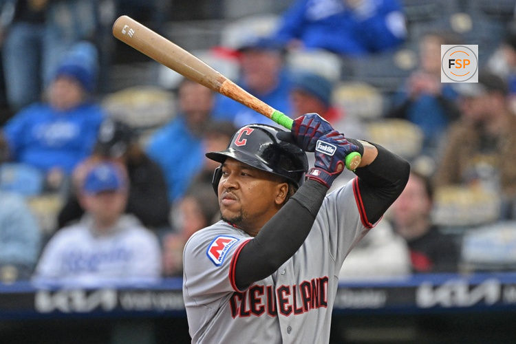 May 5, 2026; Kansas City, Missouri, USA; Cleveland Guardians third baseman Jose Ramirez (11) takes an at bat in the first inning against the Kansas City Royals at Kauffman Stadium. Credit: Peter Aiken-Imagn Images