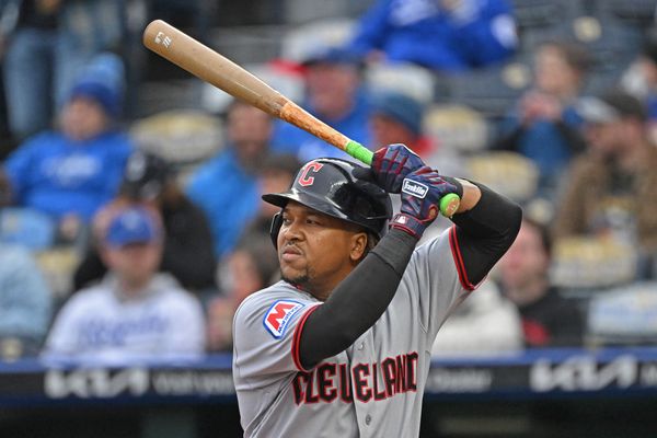 May 5, 2026; Kansas City, Missouri, USA; Cleveland Guardians third baseman Jose Ramirez (11) takes an at bat in the first inning against the Kansas City Royals at Kauffman Stadium. Mandatory Credit: Peter Aiken-Imagn Images