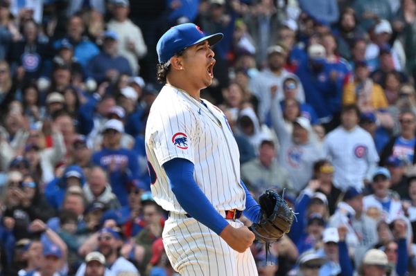 May 26, 2025; Chicago, Illinois, USA; Chicago Cubs relief pitcher Daniel Palencia (48) celebrates after defeating the Colorado Rockies at Wrigley Field. Mandatory Credit: Patrick Gorski-Imagn Images