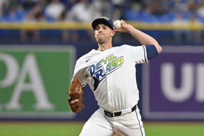 Apr 10, 2026; St. Petersburg, Florida, USA; Tampa Bay Rays pitcher Steven Matz throws a pitch during the first inning against New York Yankees at Tropicana Field. Mandatory Credit: Pablo Robles-Imagn Images