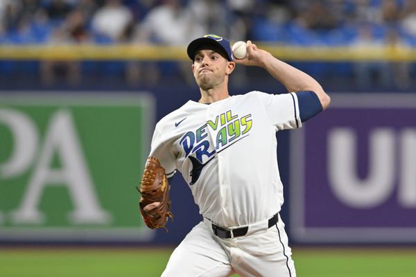 Apr 10, 2026; St. Petersburg, Florida, USA; Tampa Bay Rays pitcher Steven Matz throws a pitch during the first inning against New York Yankees at Tropicana Field. Mandatory Credit: Pablo Robles-Imagn Images