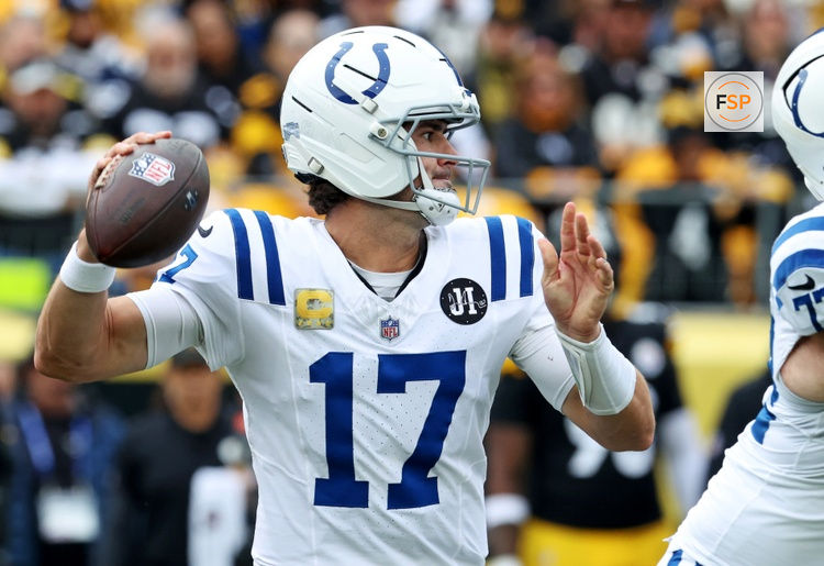 Nov 2, 2025; Pittsburgh, Pennsylvania, USA; Indianapolis Colts quarterback Daniel Jones (17) throws a pass during the second half against the Pittsburgh Steelers at Acrisure Stadium. Credit: Charles LeClaire-Imagn Images
