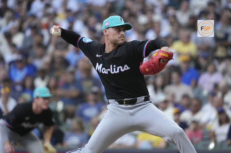 Jul 25, 2025; Milwaukee, Wisconsin, USA; Miami Marlins pitcher Calvin Faucher (53) delivers a pitch against the Milwaukee Brewers in the ninth inning at American Family Field. Credit: Michael McLoone-Imagn Images