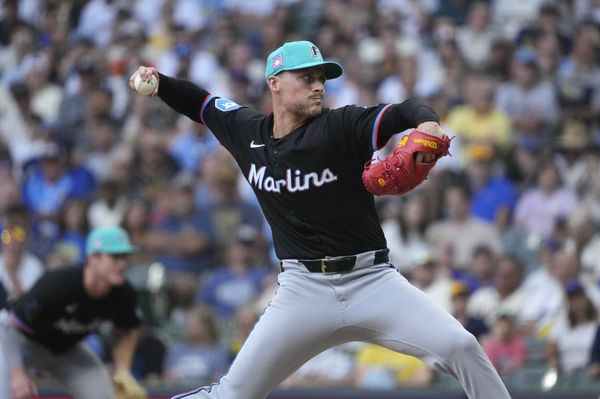 Jul 25, 2025; Milwaukee, Wisconsin, USA; Miami Marlins pitcher Calvin Faucher (53) delivers a pitch against the Milwaukee Brewers in the ninth inning at American Family Field. Mandatory Credit: Michael McLoone-Imagn Images