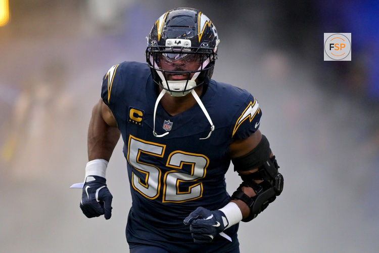 Oct 23, 2025; Inglewood, California, USA;  Los Angeles Chargers outside linebacker Khalil MacK (52) is introduced for the game against the Minnesota Vikings at SoFi Stadium. Credit: Jayne Kamin-Oncea-Imagn Images
