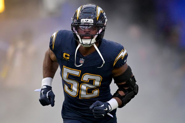 Oct 23, 2025; Inglewood, California, USA;  Los Angeles Chargers outside linebacker Khalil MacK (52) is introduced for the game against the Minnesota Vikings at SoFi Stadium. Mandatory Credit: Jayne Kamin-Oncea-Imagn Images