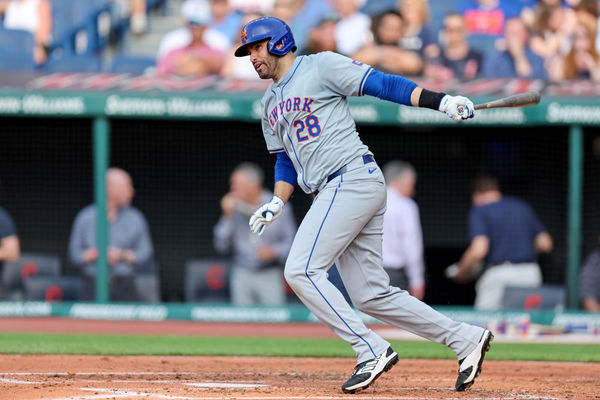 CLEVELAND, OH - MAY 20: New York Mets designated hitter J.D. Martinez (28) doubles during the first inning of the Major League Baseball Interleague game between the New York Mets and Cleveland Guardians on May 20, 2024, at Progressive Field in Cleveland, OH. (Photo by Frank Jansky/Icon Sportswire)