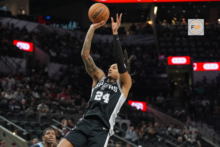 Nov 18, 2025; San Antonio, Texas, USA;  San Antonio Spurs guard Devin Vassell (24) shoots in the first half against the Memphis Grizzlies at Frost Bank Center. Credit: Daniel Dunn-Imagn Images