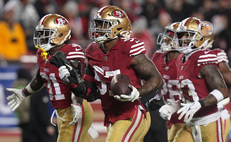 Jan 20, 2024; Santa Clara, CA, USA; San Francisco 49ers linebacker Dre Greenlaw (57) celebrates his interception during the third quarter at Levi's Stadium. Credit: Mark Hoffman-USA TODAY Sports