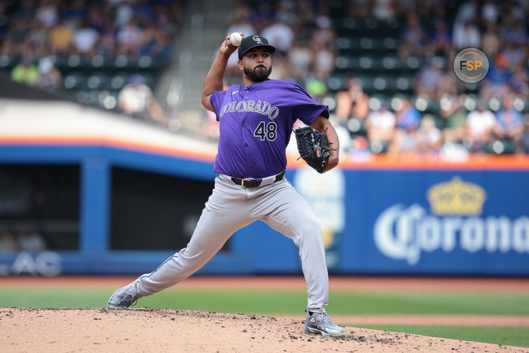 Jul 14, 2024; New York City, New York, USA; Colorado Rockies starting pitcher German Marquez (48) delivers a pitch during the third inning against the New York Mets at Citi Field. Credit: Vincent Carchietta-USA TODAY Sports