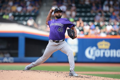 Jul 14, 2024; New York City, New York, USA; Colorado Rockies starting pitcher German Marquez (48) delivers a pitch during the third inning against the New York Mets at Citi Field. Mandatory Credit: Vincent Carchietta-USA TODAY Sports