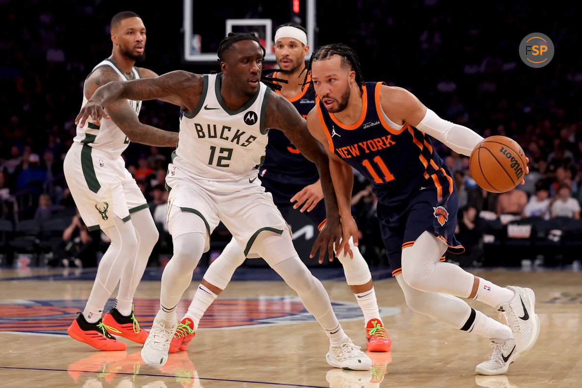 Nov 8, 2024; New York, New York, USA; New York Knicks guard Jalen Brunson (11) controls the ball against Milwaukee Bucks forward Taurean Prince (12) during the third quarter at Madison Square Garden. Credit: Brad Penner-Imagn Images