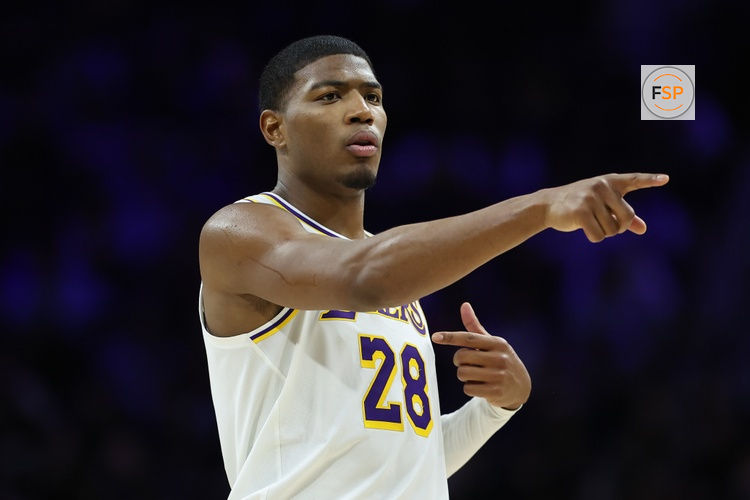 Dec 7, 2025; Philadelphia, Pennsylvania, USA; Los Angeles Lakers forward Rui Hachimura (28) reacts during the second quarter against the Philadelphia 76ers at Xfinity Mobile Arena. Credit: Bill Streicher-Imagn Images