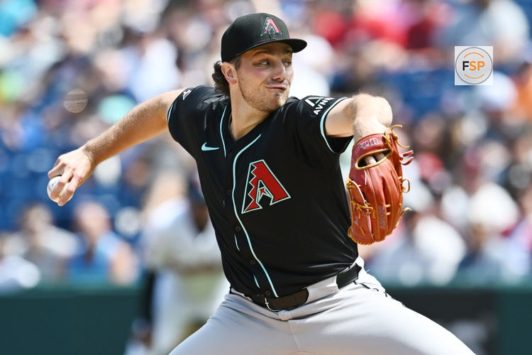Aug 7, 2024; Cleveland, Ohio, USA; Arizona Diamondbacks starting pitcher Brandon Pfaadt (32) throws a pitch during the first inning against the Cleveland Guardians at Progressive Field. Credit: Ken Blaze-USA TODAY Sports