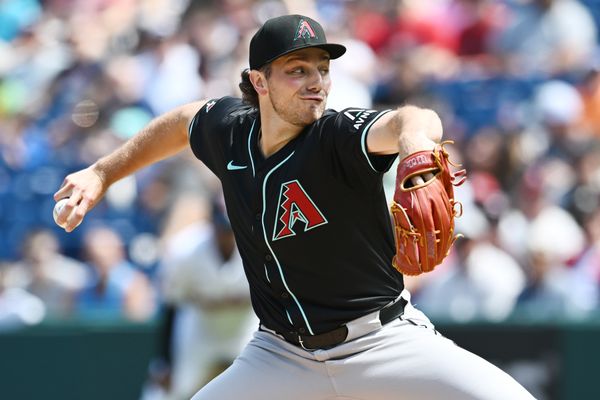 Aug 7, 2024; Cleveland, Ohio, USA; Arizona Diamondbacks starting pitcher Brandon Pfaadt (32) throws a pitch during the first inning against the Cleveland Guardians at Progressive Field. Mandatory Credit: Ken Blaze-USA TODAY Sports