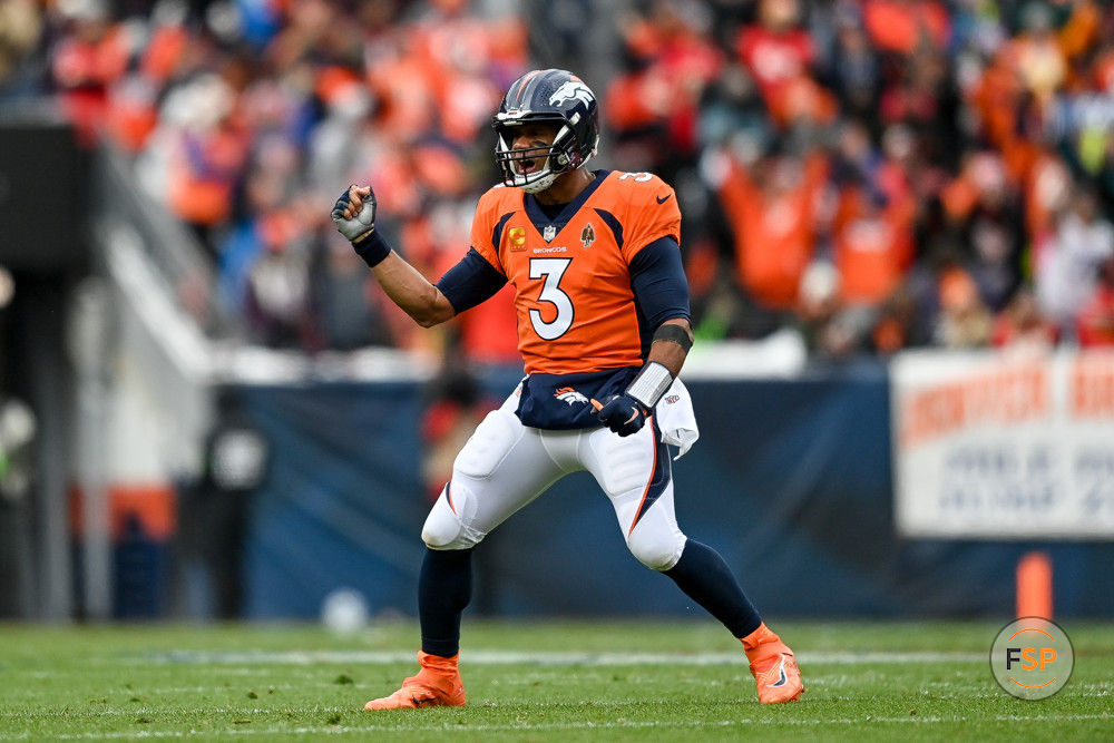 DENVER, CO - OCTOBER 29: Denver Broncos quarterback Russell Wilson (3) celebrates after a second quarter touchdown pass during a game between the Kansas City Chiefs and the Denver Broncos at Empower Field at Mile High on October 29, 2023 in Denver, Colorado. (Photo by Dustin Bradford/Icon Sportswire)