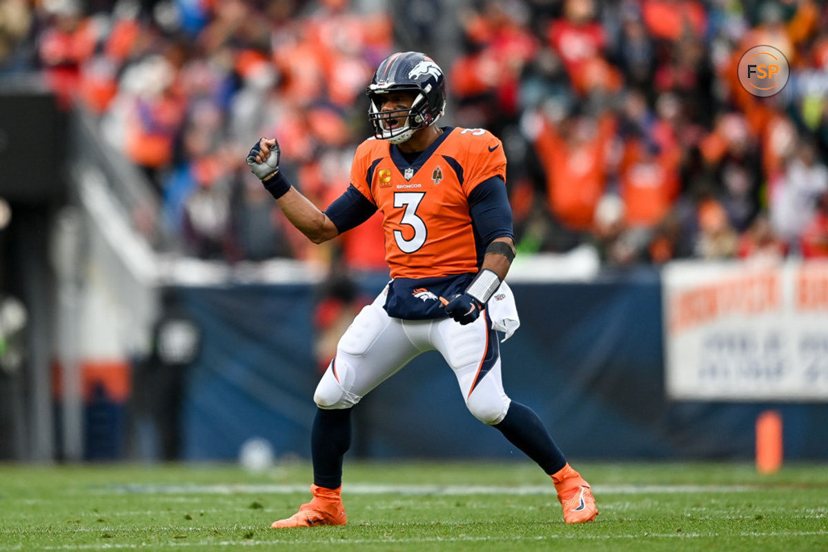 DENVER, CO - OCTOBER 29: Denver Broncos quarterback Russell Wilson (3) celebrates after a second quarter touchdown pass during a game between the Kansas City Chiefs and the Denver Broncos at Empower Field at Mile High on October 29, 2023 in Denver, Colorado. (Photo by Dustin Bradford/Icon Sportswire)