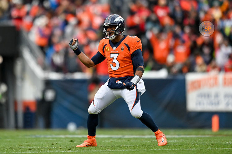 DENVER, CO - OCTOBER 29: Denver Broncos quarterback Russell Wilson (3) celebrates after a second quarter touchdown pass during a game between the Kansas City Chiefs and the Denver Broncos at Empower Field at Mile High on October 29, 2023 in Denver, Colorado. (Photo by Dustin Bradford/Icon Sportswire)