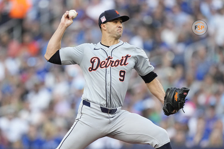 Jul 19, 2024; Toronto, Ontario, CAN; Detroit Tigers starting pitcher Jack Flaherty (9) pitches to the Toronto Blue Jays during the first inning at Rogers Centre. Mandatory Credit: John E. Sokolowski-USA TODAY Sports