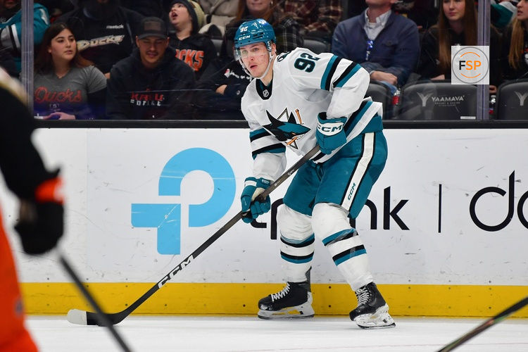 Dec 29, 2025; Anaheim, California, USA; San Jose Sharks left wing Igor Chernyshov (92) controls the puck against the Anaheim Ducks during the third period at Honda Center. Credit: Gary A. Vasquez-Imagn Images