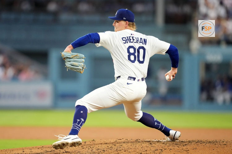 Jun 18, 2025; Los Angeles, California, USA; Los Angeles Dodgers pitcher Emmet Sheehan (80) throws in the fourth inning against the San Diego Padres at Dodger Stadium. Credit: Kirby Lee-Imagn Images