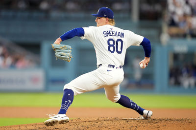 Jun 18, 2025; Los Angeles, California, USA; Los Angeles Dodgers pitcher Emmet Sheehan (80) throws in the fourth inning against the San Diego Padres at Dodger Stadium. Mandatory Credit: Kirby Lee-Imagn Images