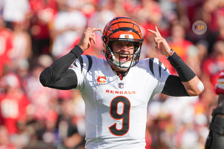 Sep 15, 2024; Kansas City, Missouri, USA; Cincinnati Bengals quarterback Joe Burrow (9) gestures on the line of scrimmage against the Kansas City Chiefs during the first half at GEHA Field at Arrowhead Stadium. Credit: Denny Medley-Imagn Images