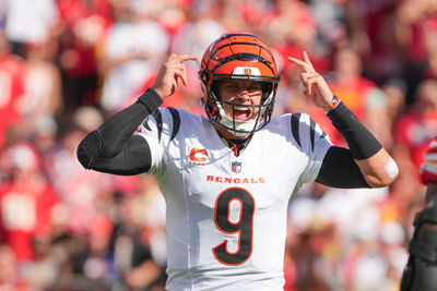 Sep 15, 2024; Kansas City, Missouri, USA; Cincinnati Bengals quarterback Joe Burrow (9) gestures on the line of scrimmage against the Kansas City Chiefs during the first half at GEHA Field at Arrowhead Stadium. Mandatory Credit: Denny Medley-Imagn Images