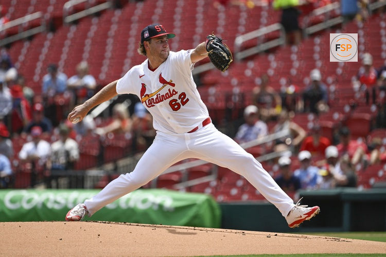 Jul 26, 2026; St. Louis, Missouri, USA; St. Louis Cardinals starting pitcher Kyle Leahy (62) pitches against the Cincinnati Reds in the first inning at Busch Stadium. Credit: Joe Puetz-Imagn Images